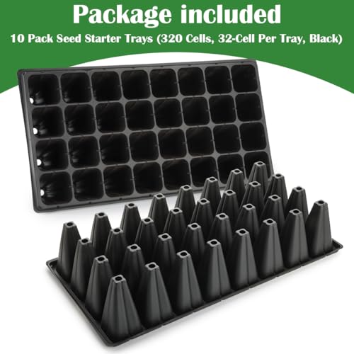RooTrimmer 10 Pack 32 Cell Seed Starter Trays - Extra Deep 4.33" Plastic Nursery Trays, 20" x 10",Fits Standard 1020 Flats - color: Black, size: 32 cells-10p