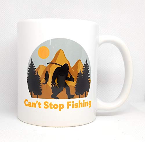 Can't Stop Fishing Bigfoot Yeti Ceramic Coffee Mug | Sasquatch Coffee Cup | 11-Ounce Mug | N022