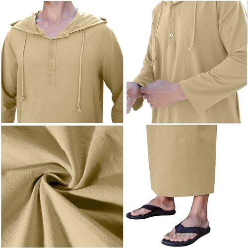 YAOHUOLE Long Sleeve Kaftan Thobe Button down Men Thobe with Pocket Big and Tall Kaftan Muslim Men Thobe - color: Khaki, size: Large
