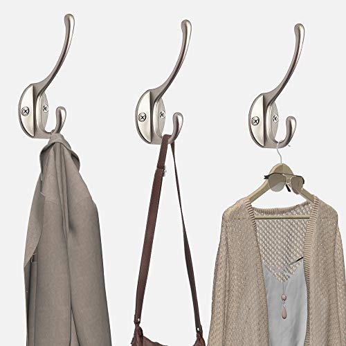 IBosins 10 Pack Silvery Double Coat Hooks Utility Hooks for Coat, Bag, Hat | Dual Coat Hooks Wall Mounted with 40 Screws Retro Double Hooks for Scarf, Towel, Key, Cap, Cup - color: Silvery