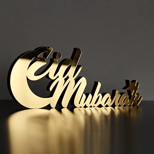 IWA Concept | Wooden Acrylic Islamic Tabletop Decors | Ramadan Kareem and Eid Mubarak Decoration | Islamic Muslim Gifts | Ramadan Eid Decoration | (Eid Mubarak-2, Gold)