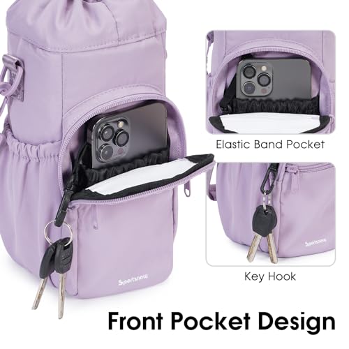 sportsnew 40oz Insulated Crossbody Water Bottle Bag Gym Hiking Phone Pocket | Water-resistant Lining, Padded Strap, Top Handle, Drawstring, Phone Pocket, Elastic Slots, Built-In Key Clip for Gym Walking - color: Purple