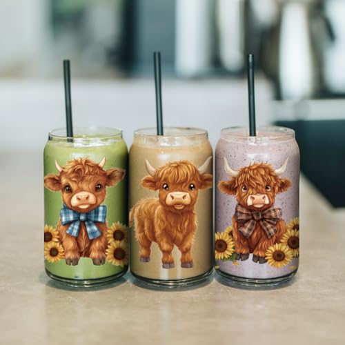 arricraft 10 Pcs Colorful Highland Cow Small Patterns Cup Printing UV Transfer Papers, 10 Styles Butterflies Flowers Bows UV DTF Cup Wrap Stickers for 16 OZ Glass Cups Crafts 9.5x4.3inch - style: Highland Cow Theme