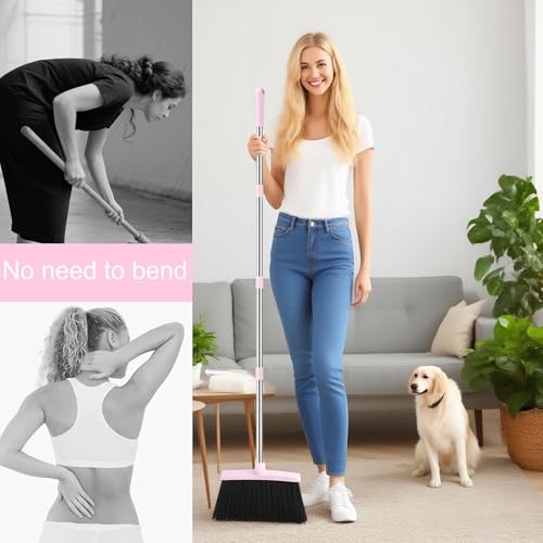 BSKLIN Broom and Dustpan Set for Home, 52” Long Handle Broom with Dustpan Combo Set with Dust Pan Teeth to Clean Hair Sweeping Set for Kitchen Hardwood Floors Pet Hair (Pink) - size: pink