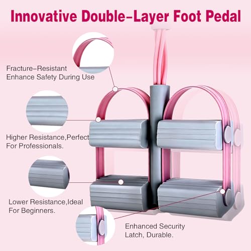 Resistance Bands with Handles, 6 Tube Pedal Resistance Band for Exercise, Dual Pedal Adjustable Resistance, Ab Roller Handle Full Body Home Workout Equipment for Abs, Legs, Arms, Women - color: PINK