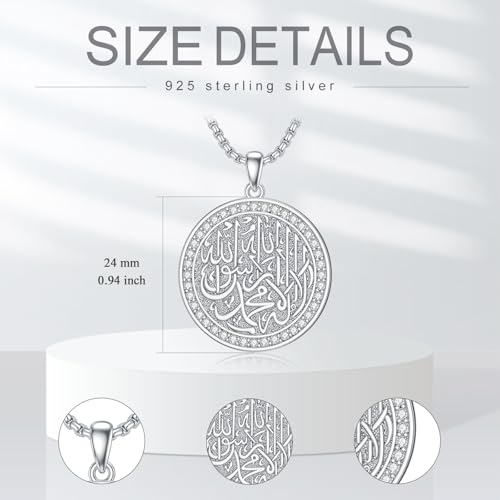 Islamic Pendant Necklace for Men Women Sterling Silver Allah Necklace Muslim Islam Pendant Jewelry Gift for Father Men Women - 22+2 In Stainless Steel Chain