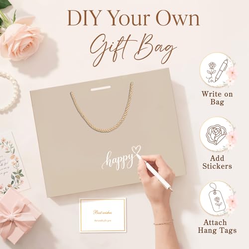 ANZNKU 2PCS Gift Bags Medium with Handles 4 Tissue Paper 2 Ribbons 2 Cards, Gift Wrap Bags for Women Wedding Bridal Baby Shower Birthday Graduation Engagement Presents Party Favors (Champagne Beige) - color: Champagne Beige