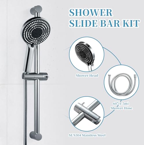 OFFO Shower Slide Bar Combo, Adjustable 23 in Slide Bar with 6-Mode High Pressure Handheld Shower Head and 60 in Stainless Steel Hose, Screw Wall Mounted, Chrome - color: Chrome, style: 23" Slide Bar & 60" Hose