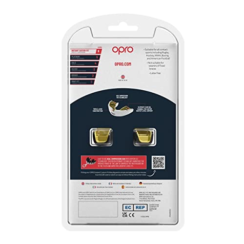 OPRO Instant Custom-Fit Mouthguard – Dentist Level Gum Shield Adult and Kids – OPRO Mouth Guard Boxing and MMA, Self-Fit Gum Shield Rugby – Maximum Protection with Dental Warranty (Black/Gold/Gold) - color: Gold Teeth - Black/Gold/Gold, size: Adult (10+)