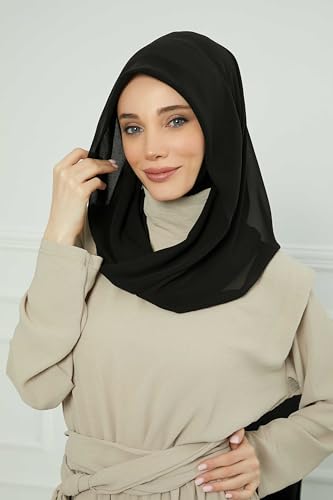 Aisha's Design Pre-tied Cotton-Chiffon Scarf for Women Practical Veil Instant Scarf Hijab Stylish Design - color: Black