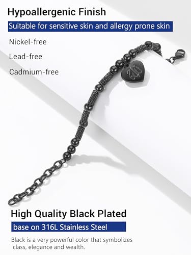 PROSTEEL Allah Bracelet, Muslim Islamic Jewelry Religious Islam Arabic God Charm Stainless Steel Beads Chain Bracelet, fits wrist from 5.9'' to 7.9'', Come with Box - color: 01 black-allah heart