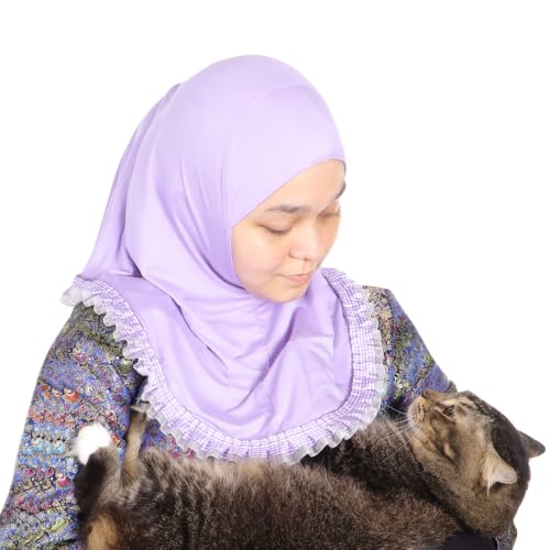 MuLanLegend Cotton Lace Hijab | Princess Nur | Girls Kids Instant Slip-on Scarf Sarong | Ligthweight and Comfortable - color: Light Purple Lace 2