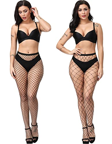 E-Laurels Womens High Waist Patterned Fishnet Tights Suspenders Pantyhose Thigh High Stockings Black - color: Black 2 Pcs L+xl