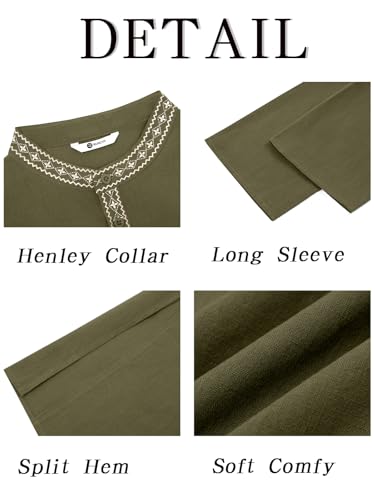 Runcati Mens Cotton Kaftan Robe Long Sleeve Button Down Henley Shirts Thobe Casual Side Split Gown Shirt - color: Army Green, size: Medium