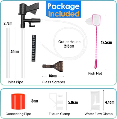 Aquarium Gravel Cleaner Siphon Fish Tank Vacuum Cleaner for Absorb Dirt Wash Sand Algae Scrapers Water Changer Gravel Washer Aquarium Thermometers Fish Net kit for Fish Tank Cleaning Gravel and Sand - size: Upgraded version 09G