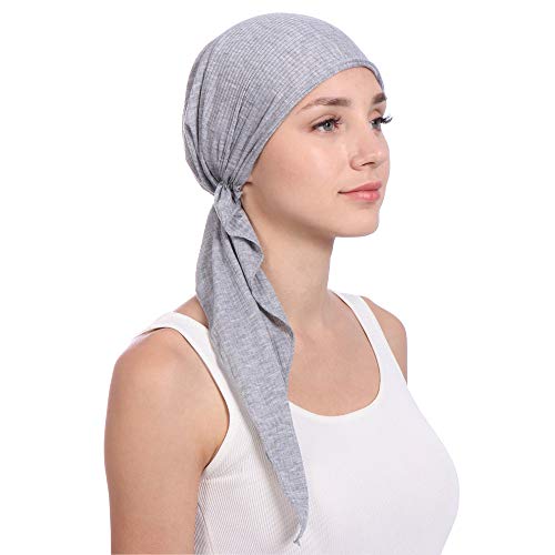 Instant Hijab Solid Beaded Long Tail Turban Wrap Cap Soft Stretchy Breathable Muslim Hair Baseball Hat - color: 03#_grey