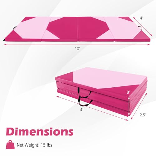 Giantex 4'x10'x 2" Gymnastics Mat, 4-Panel Folding Aerobics Exercise Mat w/Hook & Loop Fastener, Carrying Handle, Portable Tumbling Mat for Stretching Yoga Cheerleading Martial Arts