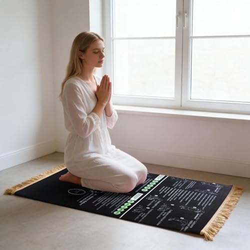 Guided Prayer Mat, Read in English and Say It in Arabic, Non-Slip Educational, Guided Prayer Mat for Salah and Meditation (Black) - color: Black