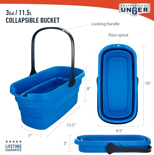 Unger Professional 3-Gallon Collapsible Bucket, Portable Household Cleaning Supplies, Small Washing Buckets with Handles, Essential Water Container and Storage Organizer Tool - size: 3-Gallon Bucket