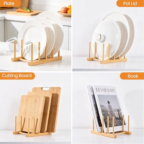 Bamboo Wooden Dish Rack-Plate Pot Lid Cutting Board Organizer Holder Rack | Kitchen Cabinet Organizer for Dish, Pots, Lids, Bowls, Bottles, Books, and Puzzle - color: Bamboo 4 Slots 1pcs