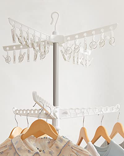 SONGMICS 2단 의류 건조대, 182.9cm(72인치) 접이식 세탁 건조대, 행거용 회전 가능한 팔 3개, 클립 24개, 스테인리스 스틸, 옷 27피스용, 화이트 및 실버 ULLR512W01 - color: 화이트 + 실버, style: 2단 클립