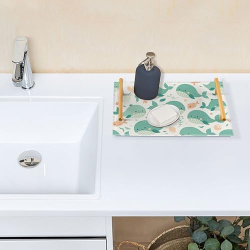 Bathroom Vanity Tray Counter Organizer, Turquoise Whales and Small Fish Pattern Decorative Tray with Handles Countertop Storage for Bathroom Bedroom Kitchen Home Farmhouse