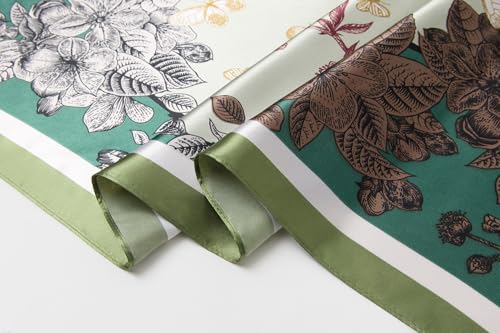 Silk-Feel 35x35 Satin Hair Scarf | Multi-Way Head Wrap for Sleep, Style & Hijab | Gift-Ready Fashion Scarf for Women - color: Green-flowers