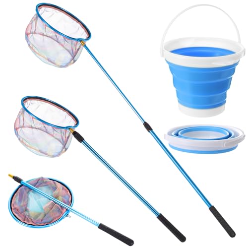 Telescopic Fishing Net with Bucket, Telescopic Fishing Landing Net, Lightweight Aluminum Pole Non Slip Handle for Catching Frogs Butterfly Fish Crab for Beach Stream Outdoor - color: Blue