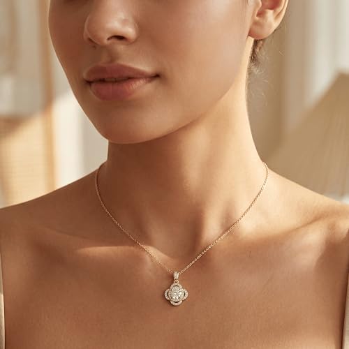 Necklaces for Women - Sparkling Flower Pendant Necklace, 18K Gold Plated Chain, Sunflower Clover Jewelry for Wedding Party, 16+2 Inch - color: Golden
