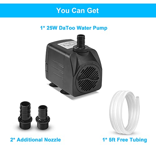 DaToo 400GPH 25W Submersible Water Pump Fountain Pump Ultra Quiet For Aquariums Fish Tank Pond Fountain Statuary Water Feature Hydroponics - size: 25W 400GPH (With 5ft Free Tubing)