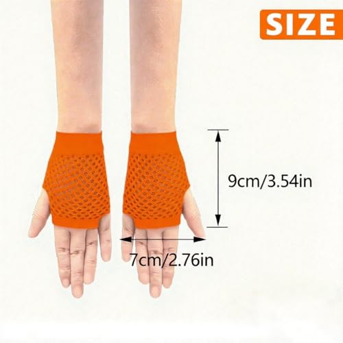 Short Fishnet Gloves for Women Fingerless Mesh Fishing Net Gloves 80s Fish Net Arm Sleeves Halloween Party Cosplay Costume - color: Orange