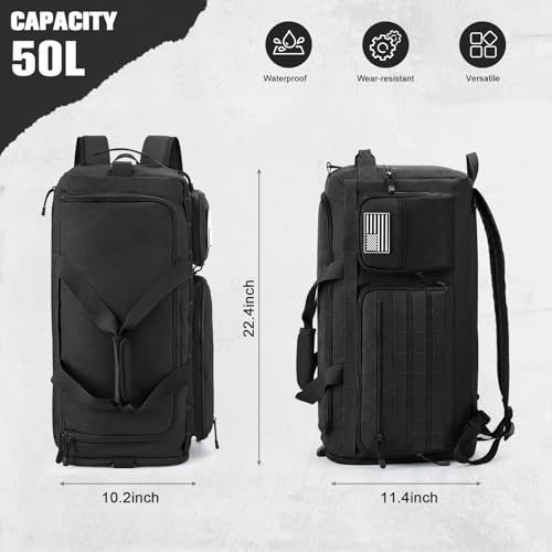 G4Free 3-in-1 Duffle Bag Travel Gym Sports, Large Tactical Duffel Backpack | 50L/65L with Shoes Compartment and Wet Pocket, Military Workout Bag for Men and Women, Black - color: Black
