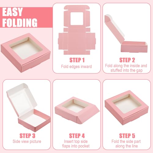Zonon 30 Pcs Kraft Paper Boxes with Window 4.13 x 4.13 x 1.18 Inch Candy Packaging, Small Gift Boxes, Soap holder, Mini Treat Packaging for Bakery Chocolate Jewelry Display (Pink) - color: Pink