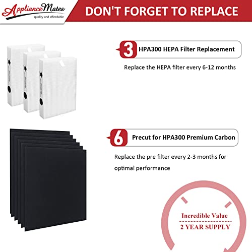 HPA300 Replacement Filters for Honeywell Air Purifiers HPA300 Series, HPA300, HPA304, HPA3300, HPA5300, HPA5350, HPA8350, Part HRF-R3, 3 R Filters and 6 Pre-cut A Carbon Pre-filter by APPLIANCEMATES - style: 3 Ture HEPA R + 6 A Carbon Pre-Filter