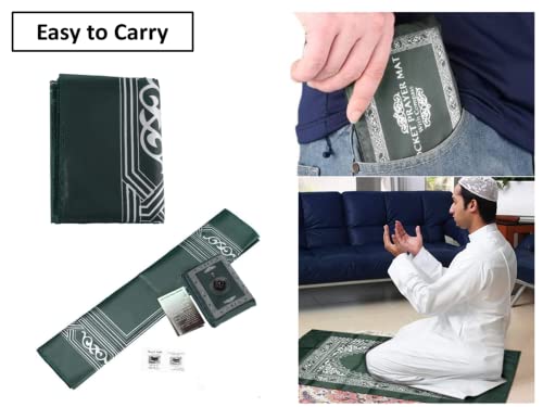 2 Pieces Muslim Travel Prayer Mat,Islamic Prayer Rug,Muslim Prayer Carpet,with Compass Pocket Sized Carry Bag,and Attached Compass,Travel Prayer Mat with Compass(Green,Black)
