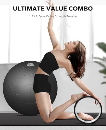 HAPBEAR Yoga Wheel Set with Exercise Ball, 12'' Back Roller Wheel for Back Pain Relief, Foam Roller for Back Stretching, Physical Therapy & Muscle Massage - color: Black