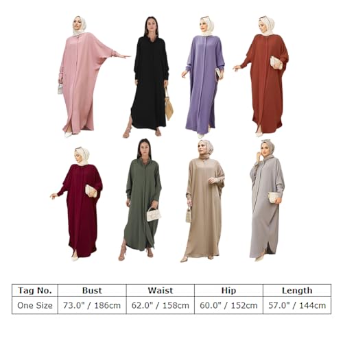 ODASDO Muslim Dresses for Women Abaya Button Down Henley Shirt Prayer Dress Batwing Long Sleeve Middle East Arabian Robe - color: Burgundy