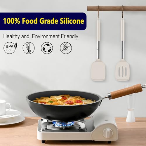 HOTEC Silicone Spatula Set of 2 Heat-Resistant 600°F & BPA-Free Kitchen SaptulaTurner with Stainless Steel Handles, Slotted & Solid Spatulas for Nonstick Cookware, 13.7 Inch, Khaki - color: Khaki