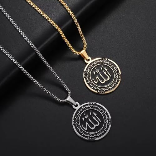 Islamic Allah Religious Amulet Stainless Steel Pendant Necklace Muslim Arabic Protection Jewelry Gift for Men Women - color: golden