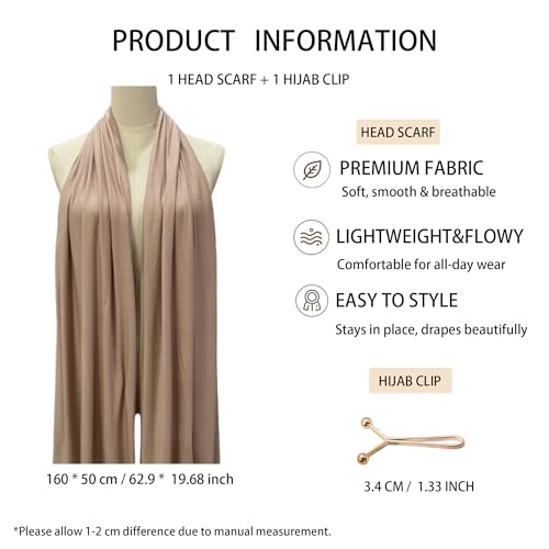 Jersey Hijab Scarf for Women,Lightweight Muslim Turban Head Scarf Modal Feel Hijab Coverings for Prayer with Clip - color: Light Brown
