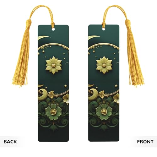 5 Pieces Wood Bookmark for Men Women Ramadan on Green Wallpaper Wooden Bookmarks Unique Handmade Book Marks with Tassel Pendant Craft Bookmark for Book Lovers Birthday Teachers Gift - color: Gold