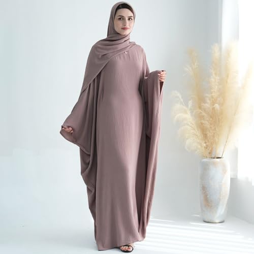 Women Muslim Abaya Dress 1Piece Bat Sleeve Islamic Maxi Robe Fashion Jilbab for Women Eid Kaftan Muslim Robe - color: Ash Pinka, size: Large