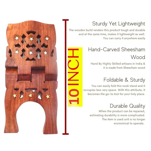 Wooden Book Holder Stand for Reading, Foldable Bible Stand, Quran Holder, Geeta Reading Rest, Hand Carved Religious Prayer Book Stand, Portable Wooden Book Display (10 x 4.5 Inches) - style: Bood Stand 1