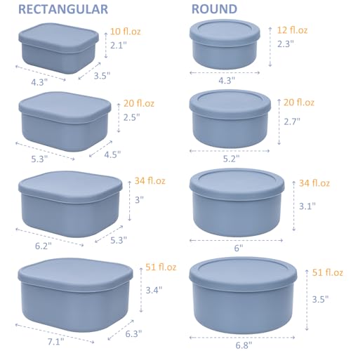 100% Silicone Food Storage Containers with Lids, 8 Pack, 10oz to 51oz, Reusable Leakproof Nesting & Stackable Silicone Bento Lunch Box, Microwave Freezer Dishwasher Oven Safe, BPA Free, Slate Blue - color: Slate Blue | 8 Pack