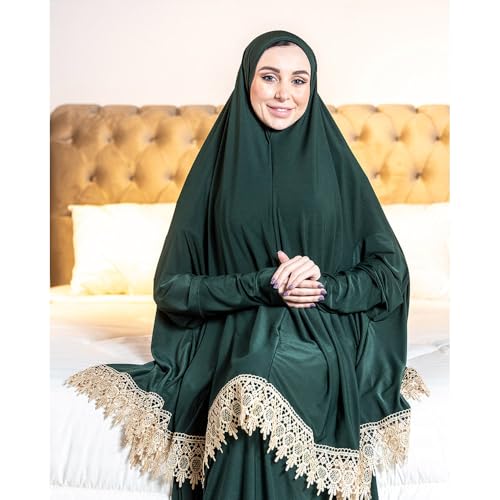 Women's Prayer Dress 2 Pieces Solid Color Plus Long Sleeve | One-Size | Hijab Abaya Suit - color: Dark Green