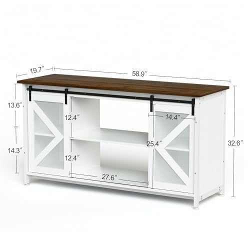 80 Gallon Fish Tank Stand with Power Outlet, Heavy Duty Aquarium Stand with Accessories Storage Cabinet and Sliding Barn Door - Metal Fish Tank Stand for Turtle, Reptile, for 2 Tanks, White+ Walnut