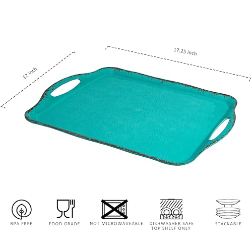 LEHAHA Large Farmhouse Melamine Serving Platters, Serving Tray with Handle for Food, Appetizer, Cupcakes, Dessert, Raised Edge Large Party Platter or TV Dinner Trays, 17.25x12 inch, Set of 2, Teal - color: Teal