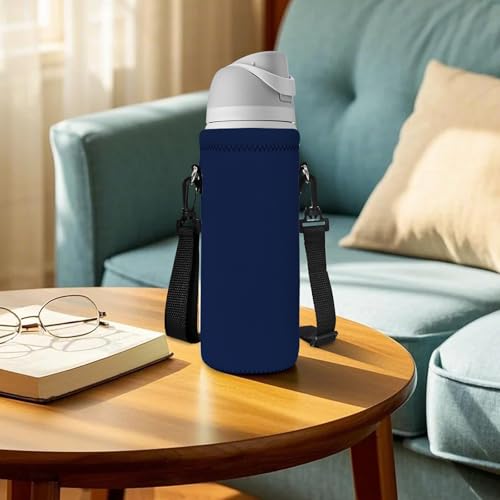 Neoprene Water Bottle Carrier Bag with Adjustable Shoulder Strap,Insulated Water Bottle Cover for Stainless Steel/Glass/Plastic Bottles - color: Navy Blue, size: 500ml
