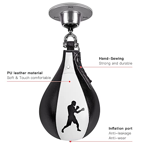 Benelabel Boxing Speed Bag with 360° Swivel Mount Premium Leather Boxing Speed Bag with Hanger and Inflator - Easy to Install and Use - Improve Your Speed and Reflexes - color: White and Black Speed Bag with Swivel