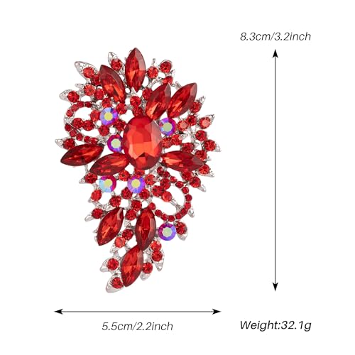 SELOVO Women's Rhinestone Crystal Wedding Flower Leaf Sparkle Brooch Pin - color: Red